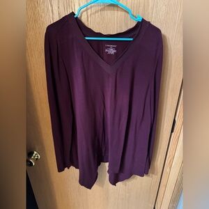 Lane Bryant Maroon Long Sleeve Handkerchief Hem Top with Mesh Trim at V-neck